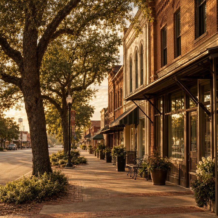 Historic brick storefronts and oak trees on a small-town main street in Montgomery County, Texas at golden hour